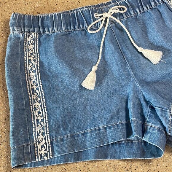 LOFT Linen Blend Chambray Embroidered Drawstring Shorts sz 28 / 6 - Picture 2 of 13